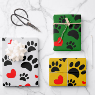 Random Cartoon Dog Paw Prints And Red Hearts Wrapping Paper Sheet