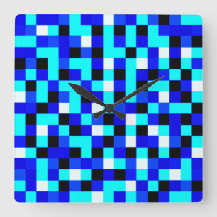 Random Chequered Pixel Art - Blue & White Square Wall Clock