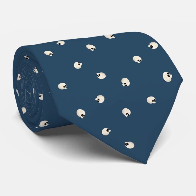 Random Cute Kawaii Skull Dots dark blue Tie (Rolled)
