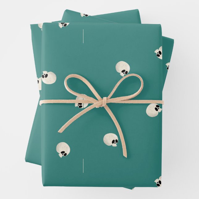 Random Cute Kawaii Skull Dots mid green Wrapping Paper Sheet (In situ)