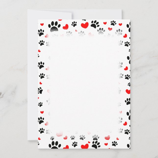Random Dog Paw Prints And Red Hearts Border Announcement (Front)