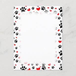 Random Dog Paw Prints And Red Hearts Border Postcard