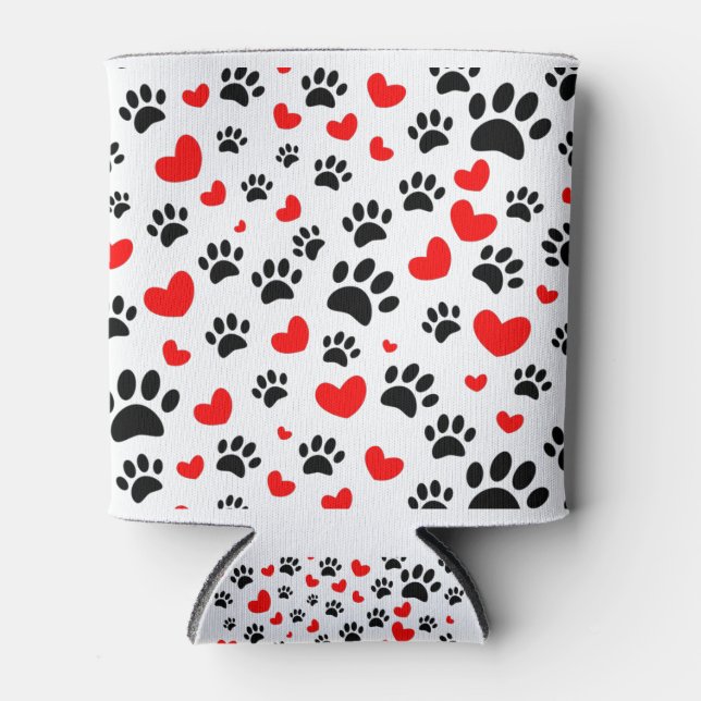 Random Dog Paw Prints And Red Hearts Can Cooler (Front)