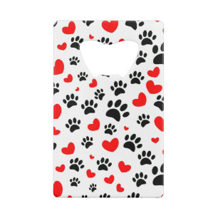 Random Dog Paw Prints And Red Hearts Credit Card Bottle Opener