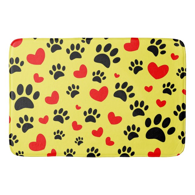 Random Dog Paw Prints And Red Hearts Custom Yellow Bath Mat (Front)