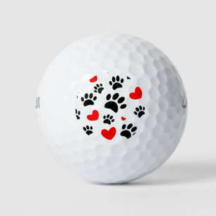 Random Dog Paw Prints And Red Hearts Golf Balls