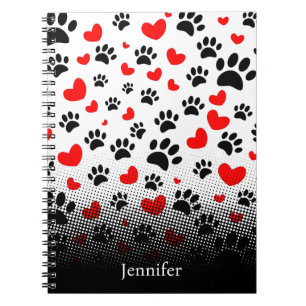 Random Dog Paw Prints And Red Hearts Notebook