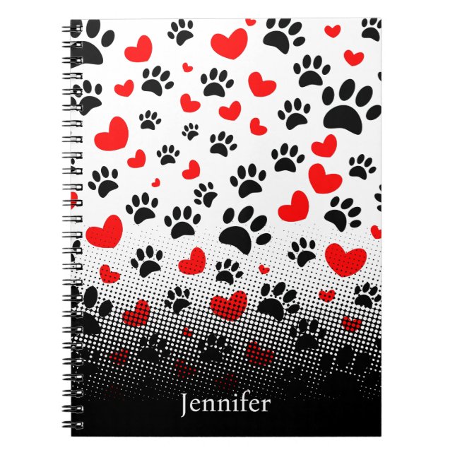 Random Dog Paw Prints And Red Hearts Notebook (Front)