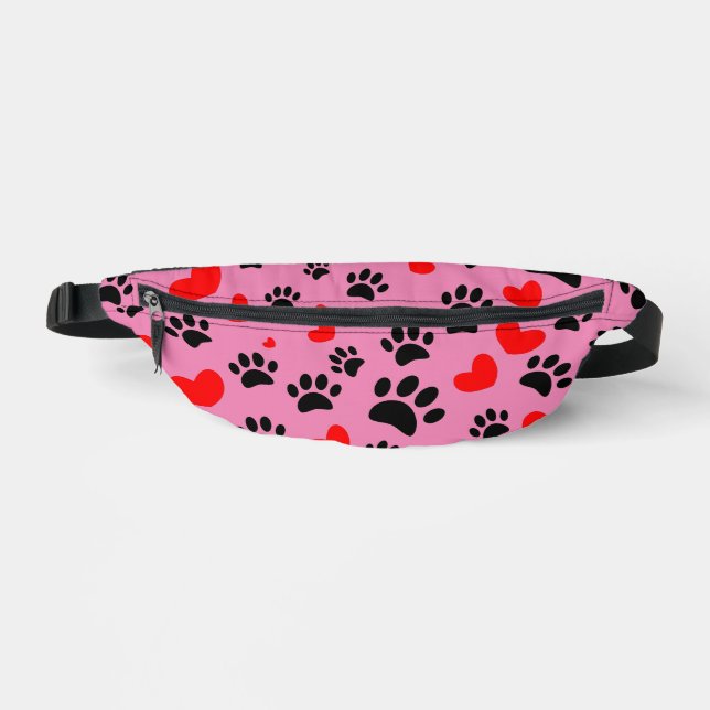 Random Dog Paw Prints And Red Hearts Pink Fanny Pack (Front)