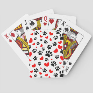 Random Dog Paw Prints And Red Hearts Playing Cards