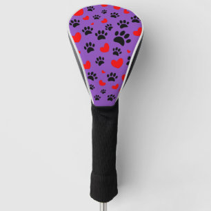 Random Dog Paw Prints And Red Hearts Purple Golf Head Cover