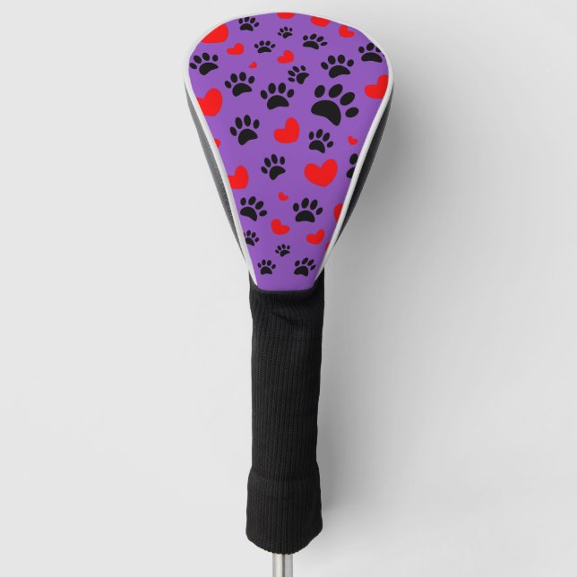 Random Dog Paw Prints And Red Hearts Purple Golf Head Cover (Front)