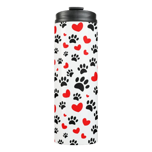 Random Dog Paw Prints And Red Hearts Thermal Tumbler (Front)