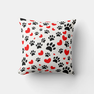 Random Dog Paw Prints And Red Hearts Throw Pillow