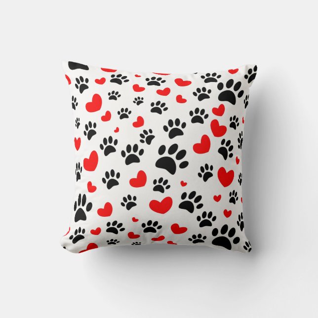 Random Dog Paw Prints And Red Hearts Throw Pillow (Front)