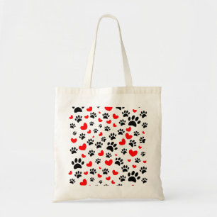 Random Dog Paw Prints And Red Hearts Tote Bag