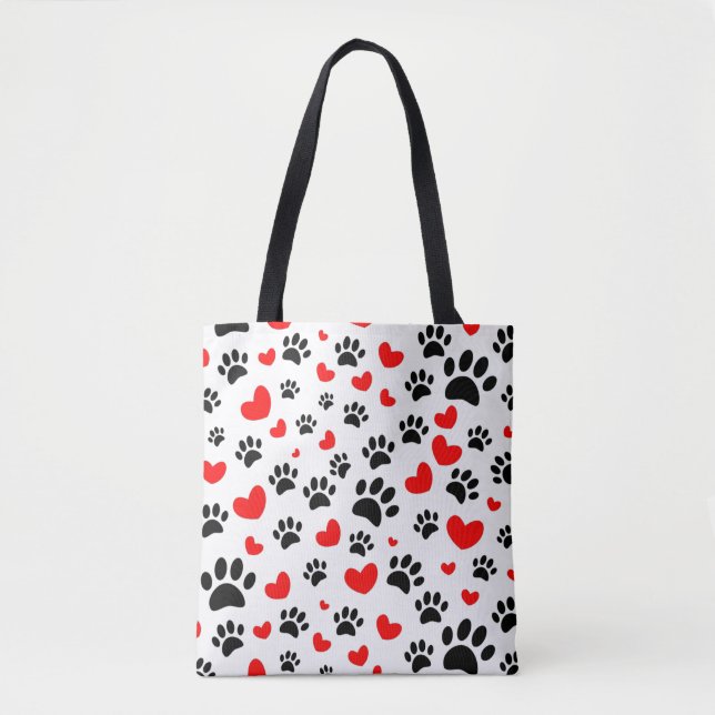 Random Dog Paw Prints And Red Hearts Tote Bag (Front)