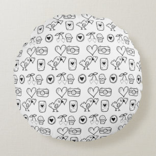 Random Doodles Birds, Hearts and Cherry Pattern Round Pillow