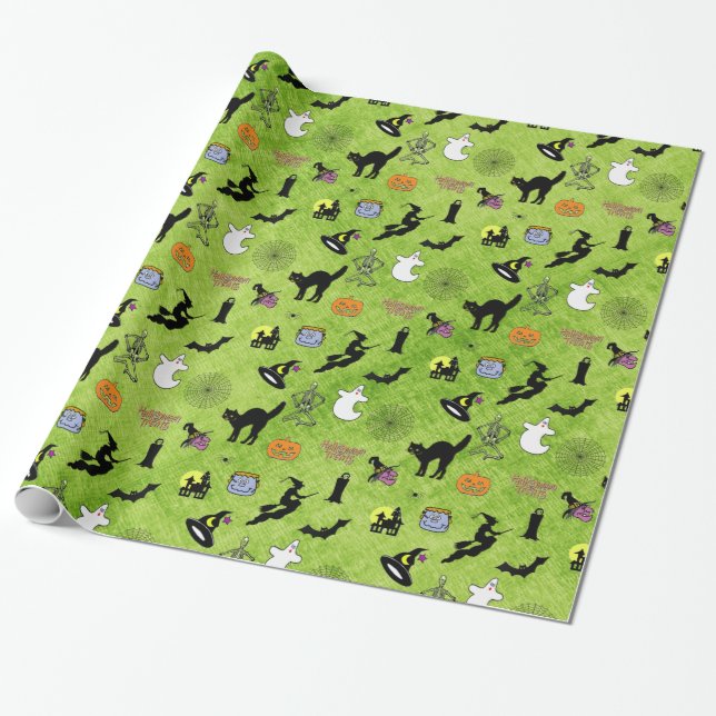 Random Halloween Iconic Pattern Green Wrapping Paper (Unrolled)