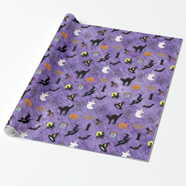 Random Halloween Iconic Pattern Purple Wrapping Paper (Unrolled)