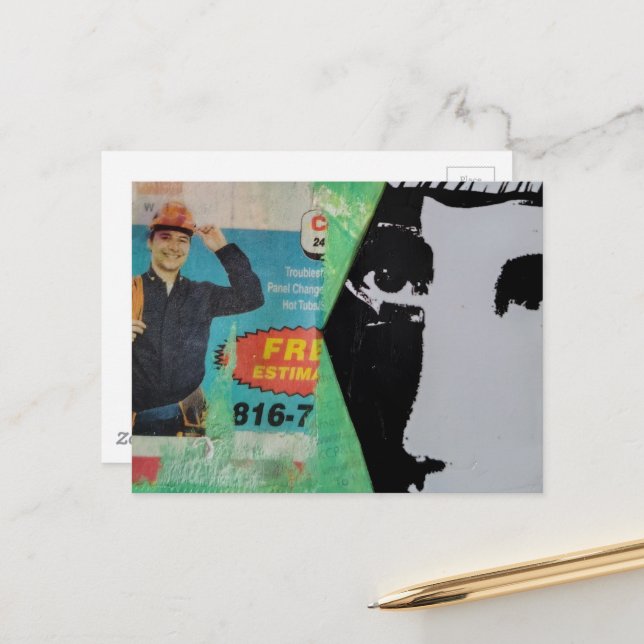 Random Mixed Media Collage Working Man and a Face Postcard (Front/Back In Situ)