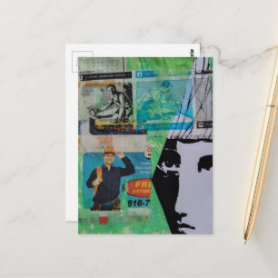 Random Mixed Media Collage Working Men and a Face Postcard