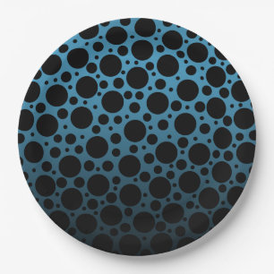 Random Polka Dots - Peacock Blue to Black Gradient Paper Plate