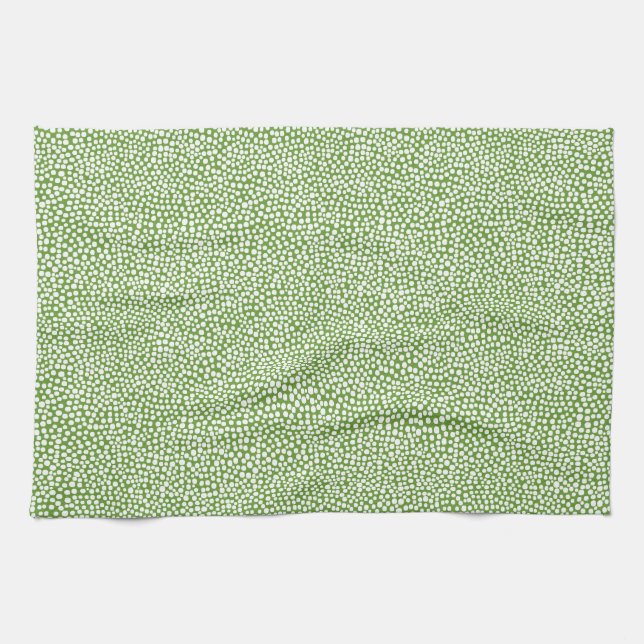 Random Spots - White on Avocado Green Kitchen Towel (Horizontal)