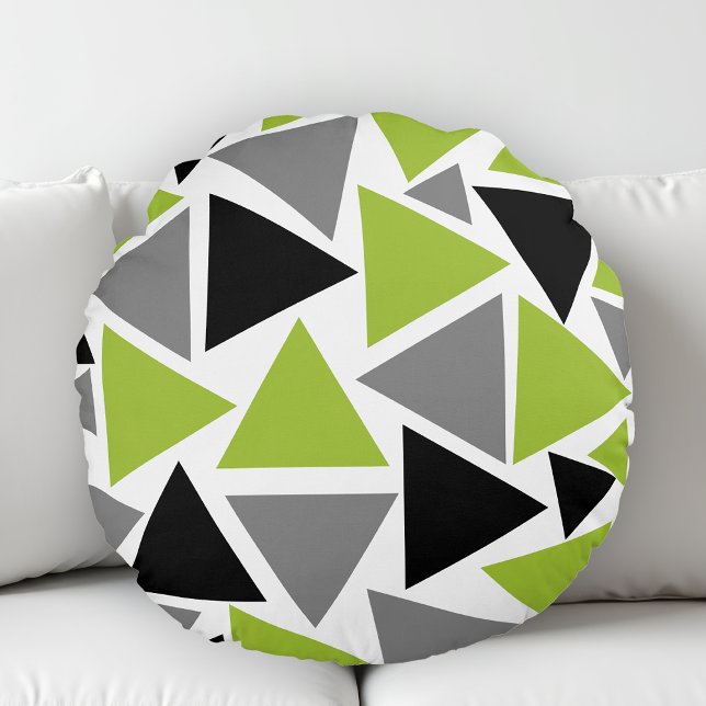 Random Triangles Lime Green Grey Black Geometric Round Pillow (Creator Uploaded)