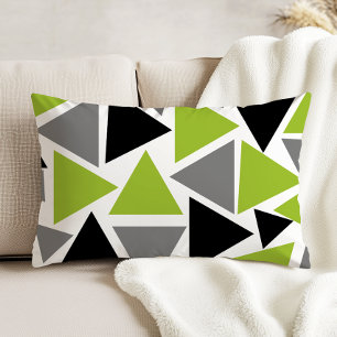 Random Triangles Lime Green Grey Black on White Accent Pillow