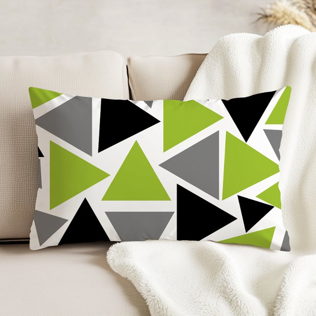 Random Triangles Lime Green Grey Black on White Accent Pillow (Creator Uploaded)