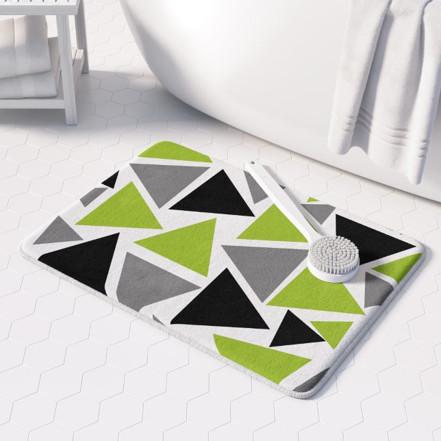 Random Triangles Lime Green Grey Black on White Bath Mat (Creator Uploaded)