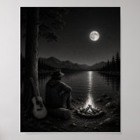Randonneur au feu de camp sous la lune Poster Noir