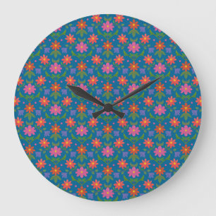 Rangoli Fleurs Polka Dot Bleu Arrondi Mur Horloge