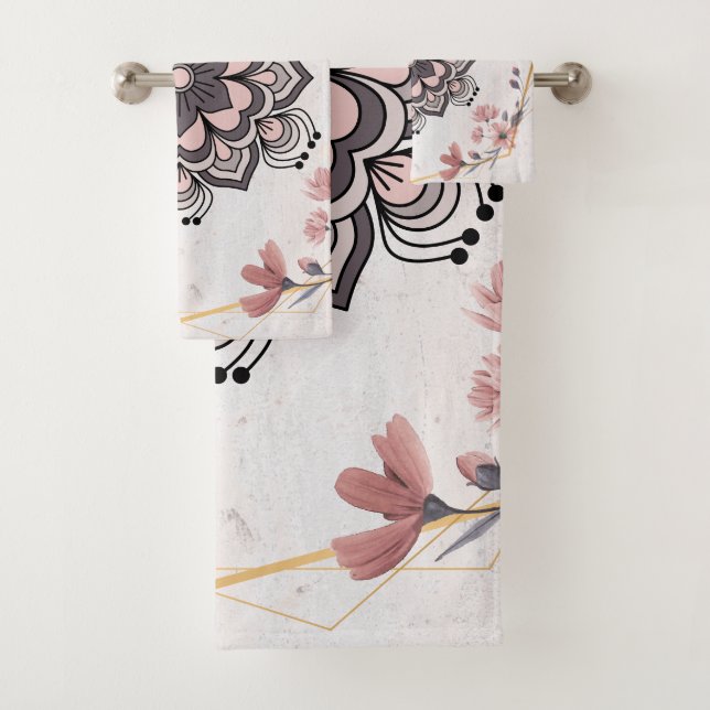 Rangoli Floral Art, Pink and Grey Calming Harmony Bath Towel Set (Insitu)