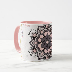 Rangoli Floral Art, Pink and Grey Calming Harmony Mug