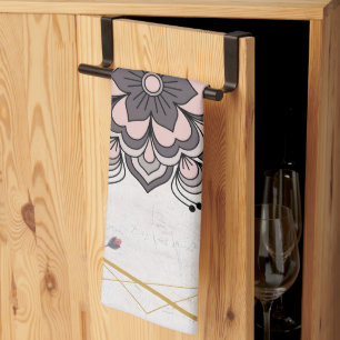 Rangoli Floral Art, Pink and Grey Mandala Vibes Kitchen Towel