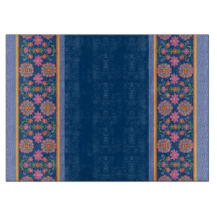 Rangoli Floral Border on Blue: Glass Cutting Board