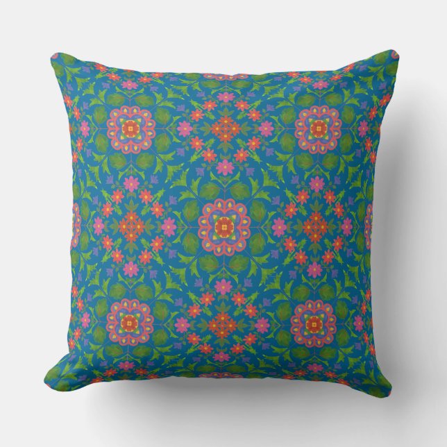Rangoli floral chic, Coussin bleu profond ou couss (Recto)