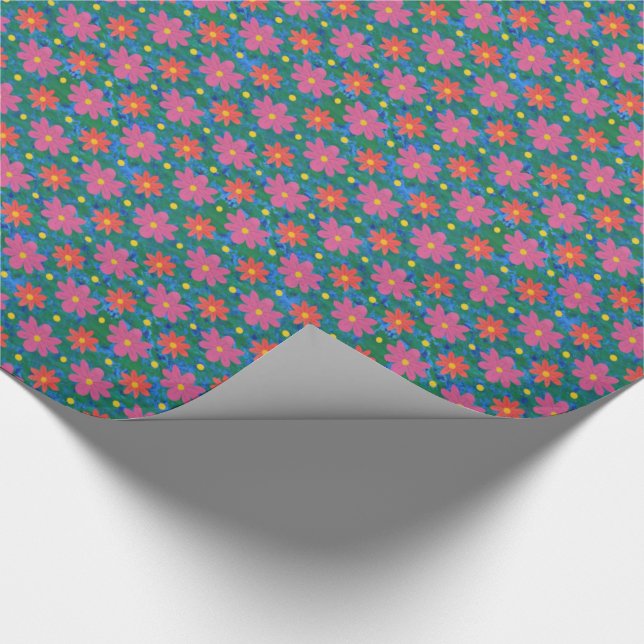 Rangoli Flowers Polka Dots, Blue Wrapping Paper (Corner)