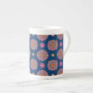 Rangoli Flowers Polka Dots on Blue Bone China Mug