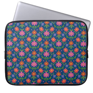 Rangoli Flowers, Polka Dots on Blue Laptop Sleeve