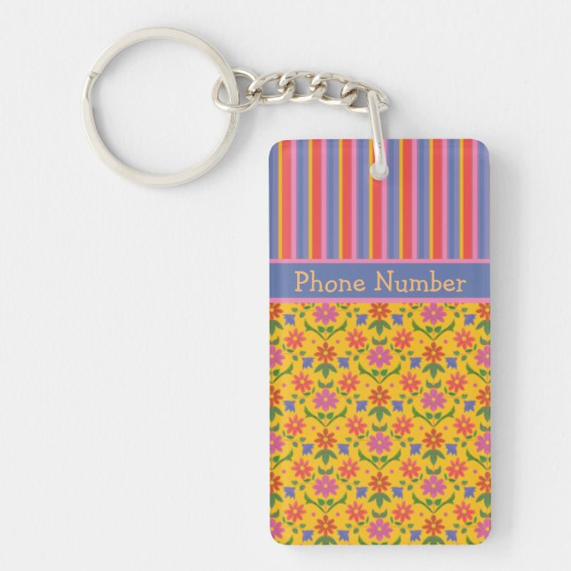 Rangoli Flowers, Stripes Keychain to Personalize (Front)