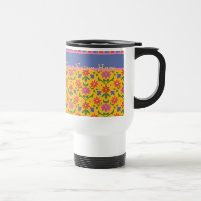 Rangoli Flowers, Yellow Travel Mug to Personalize (Right)