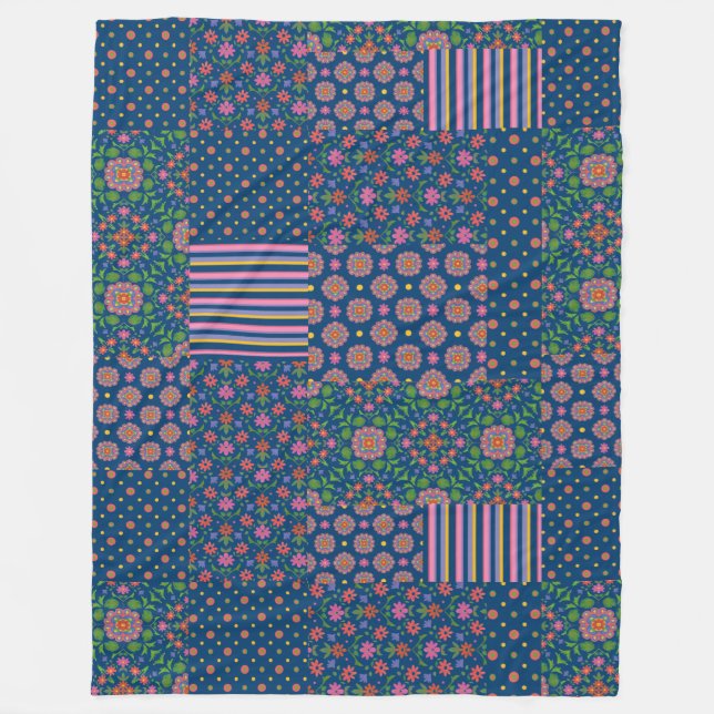 Rangoli Patterns Faux Patchwork Fleece Blanket (Front)