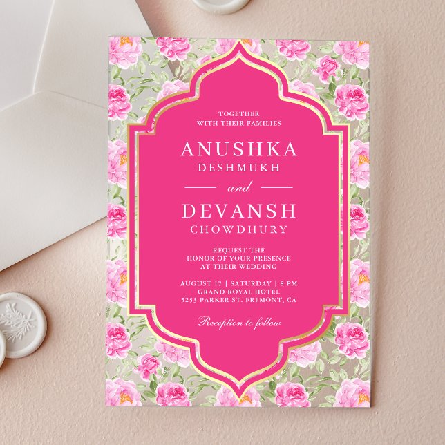 Rani Pink Floral Pattern Indian Wedding Acrylic Invitations (Creator Uploaded)
