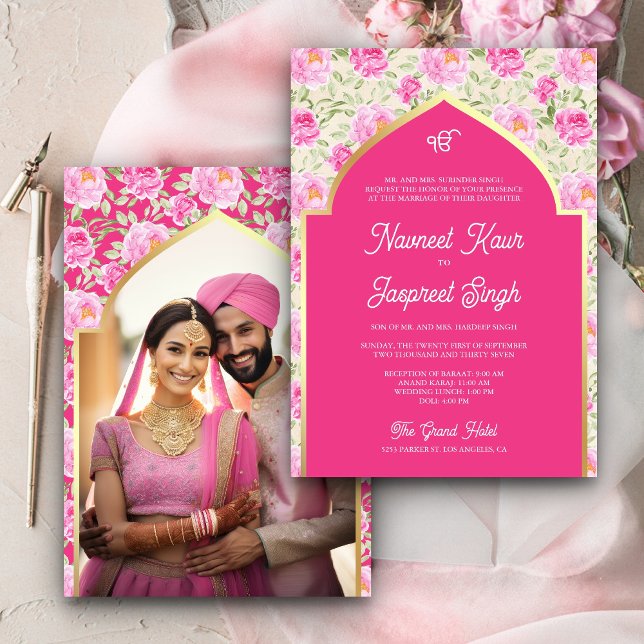Rani Pink Floral Photo Anand Karaj Sikh Wedding Invitation (Creator Uploaded)