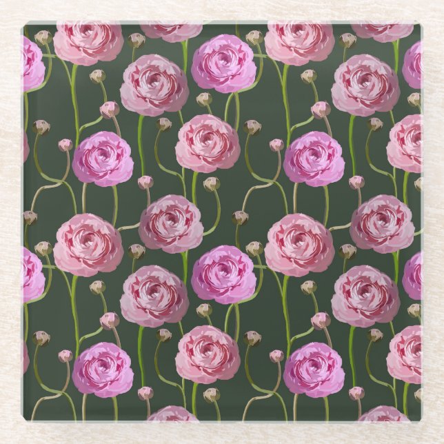 Ranuncula Floral Background Design Glass Coaster (Front)
