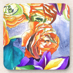 Ranunculus and Iris watercolour art Coaster