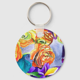 Ranunculus and Iris watercolour art Keychain